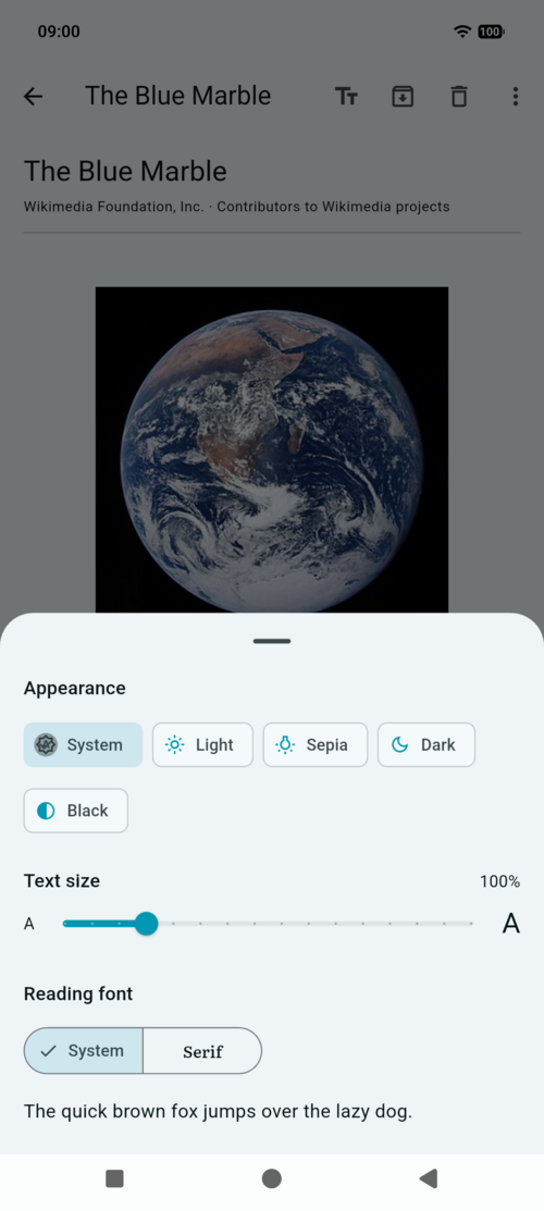 Readtinue appearance controls: text size, font, and theme.